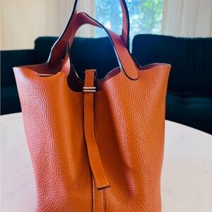 Hermes Picotin PM Tote Bag Orange Taurillon Clemence